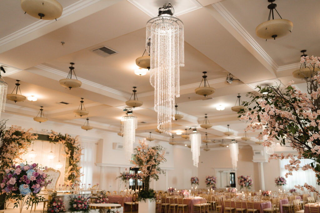 Bakersfield indoor wedding venue near me with high ceilings and luxury chandeliers